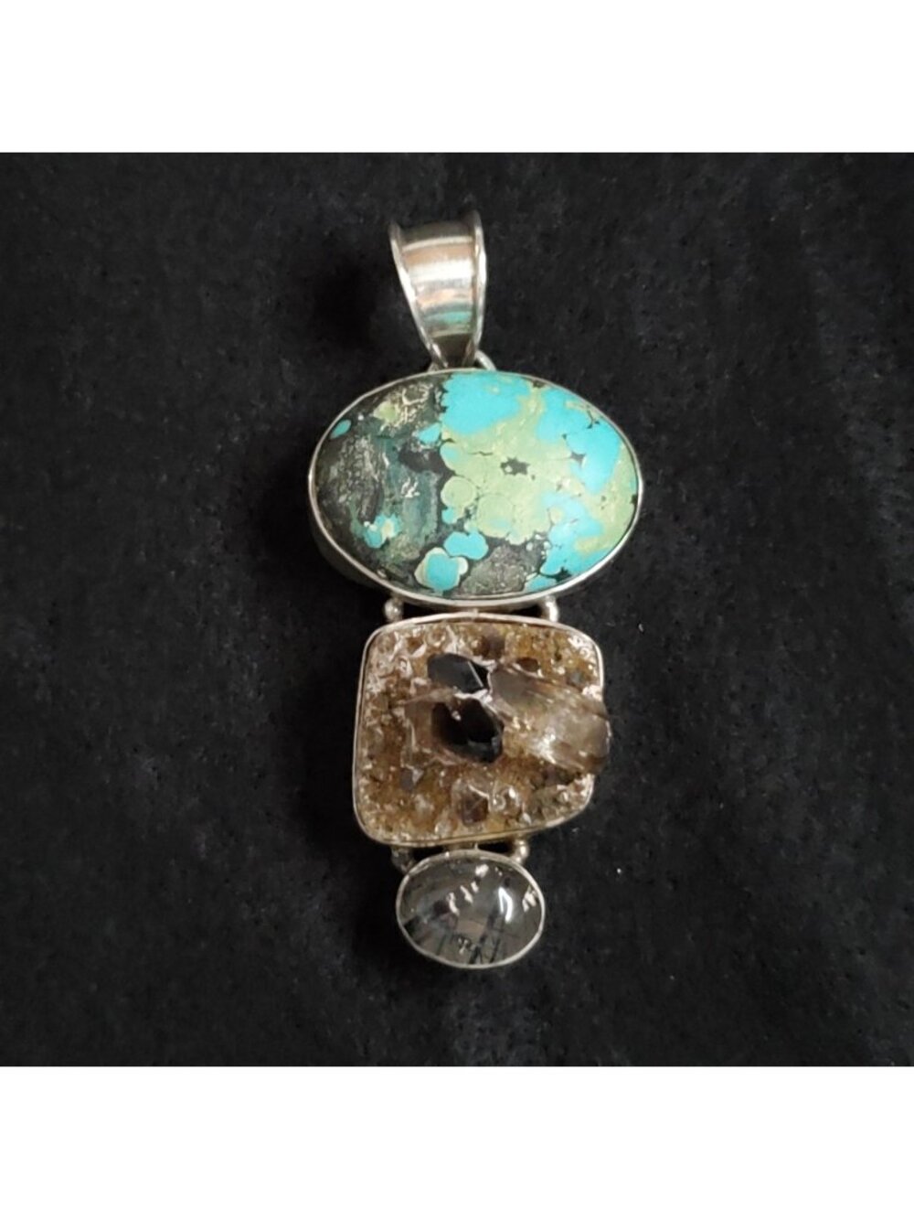 Sterling Silver Stone Pendant Quartz Crystal Statement 2.5" READ